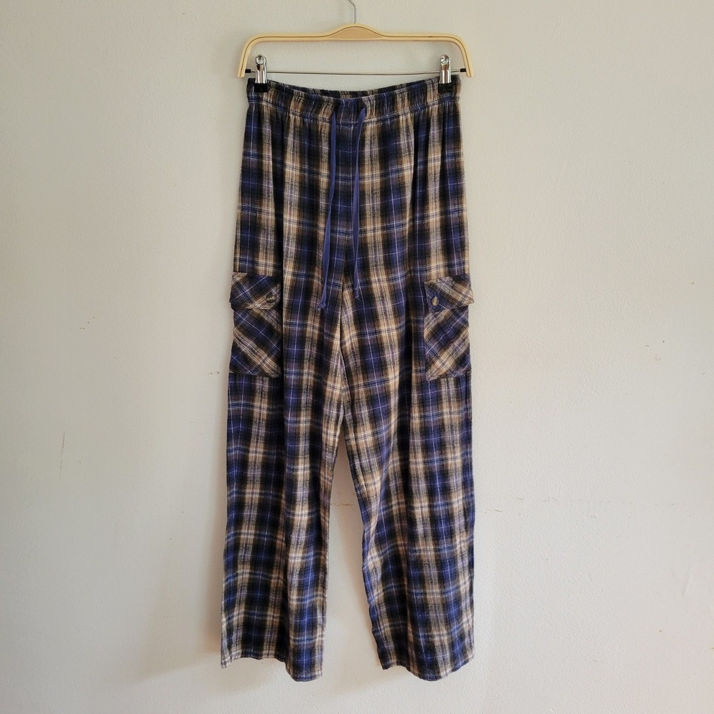 Vintage Xhilaration Plaid Flannel Drawstring Cargo Pants Medium‎ Blue Tan Casual